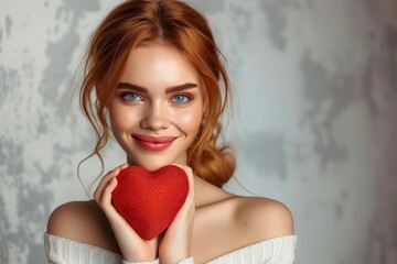 Obraz na płótnie Canvas A vibrant young lady wearing a red dress and bow poses with a heart-shaped strawberry, exuding confidence and beauty in a fashion photo shoot