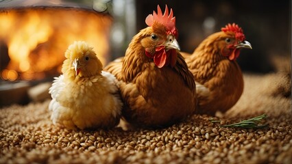 A rustic tableau unfolds with a proud rooster, a clucking hen, and scattered grains &ndash; a picturesque farm scene capturing the essence of rural life and agriculture.