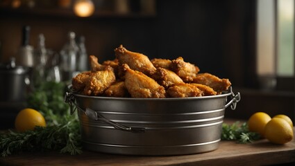 A tantalizing sight: a sizzling chicken in an iron bucket, golden brown and irresistibly aromatic, promising a flavorful feast for the senses.