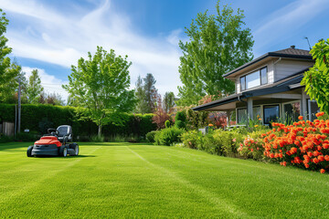 Back house yard with nice landscaping and lawn mower on green grass
