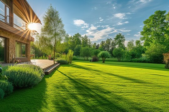 Back house yard with green grass and nice landscaping with sunlights