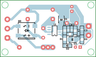 Vector printed circuit board of electronic 
device with components of radio elements, 
conductors and contact pads placed on it. 
Engineering technical drawing. Pcb template.
Electric background.