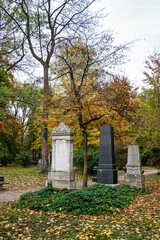Fototapeta premium Autumn view of famous Old North Cemetery of Munich, Germany with historic gravestones.