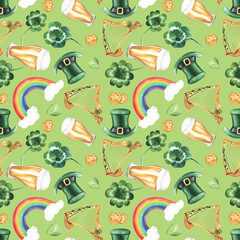 St. Patricks Day Seamless Pattern on a green background: hat, harp, clover, coins, rainbow, glass of beer, green hearts. Hand drawn watercolor illustration. For paper, textile, packaging