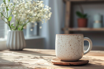 Mug mockup, minimalistic space aesthetic, shpes. Background. Wallpaper. Coffe cup.