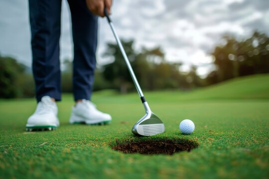 A skilled golfer confidently sinks their ball into the lush green grass, surrounded by the breathtaking scenery of the golf course, while their trusted clubs and specialized footwear aid in achieving