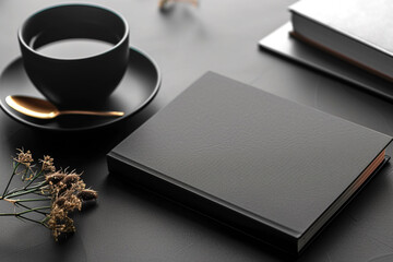 Notebook mockup, minimalistic space aesthetic, shapes, black. Business. Background.