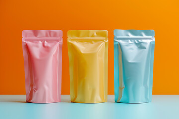 Pouch Package mockup, minimalistic space aesthetic, shapes, colors. 