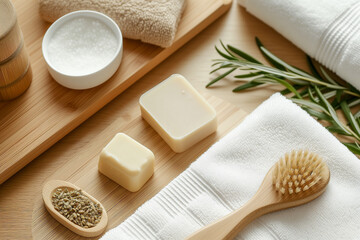 Fototapeta na wymiar Natural Personal Care Essentials on Towel and Wood