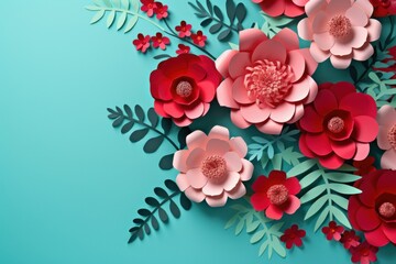 Paper cut floral bouquet, Flower paper craft style. Mother's day. Happy Women's day. Botanical 8 March. Invitation banner. Postcard. Pink and blue colors, Spring summer time