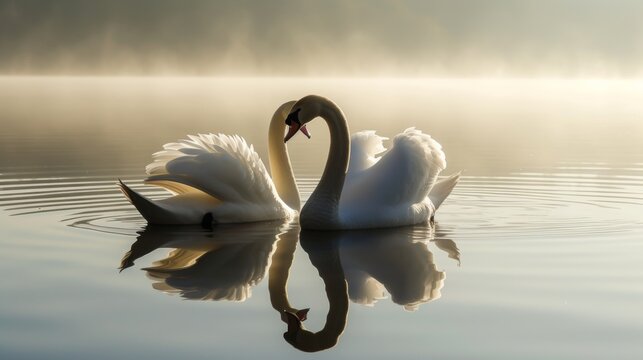 Majestic Swans Floating on Tranquil Lake AI Generated.