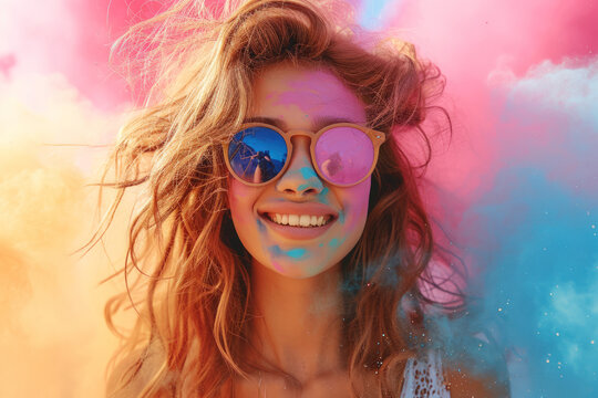 Portrait of happy young woman at Holi festival in India, face of adult girl stained with paint, smiling female tourist on colorful powder background. Concept of color, fun, party, people