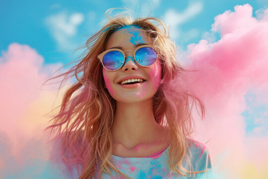 Portrait of happy young woman at Holi festival in India, face of adult girl stained with paint, smiling female tourist on colorful powder background. Concept of color, fun, travel people