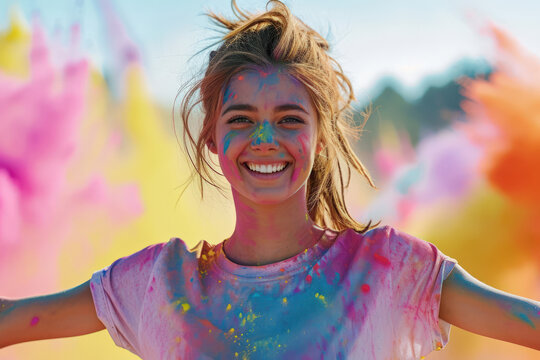 Portrait of happy young woman at Holi festival in India, smiling adult girl stained with paint, female tourist on colorful powder background. Concept of color, fun, party, people.