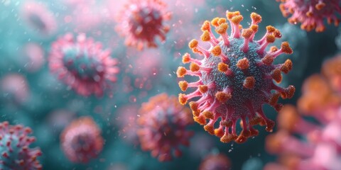 Microscopic Menace: A Highly Detailed 3D Rendering of Infectious Virus Particles in Vivid Colors, Representing Biological Research and Health Challenges, Generative AI