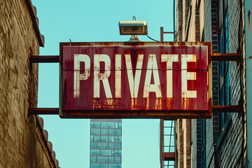 Obraz premium Privatsphäre im Verfall: Heruntergekommenes Schild mit der Aufschrift 'PRIVATE' vermittelt nostalgische Authentizität und erzählt Geschichten vergangener Zeiten. Ein Bild voller Geschichte