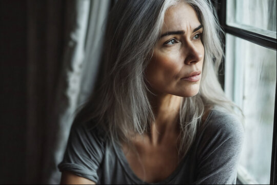 Sad thoughtful grey haired woman at home looking at a window