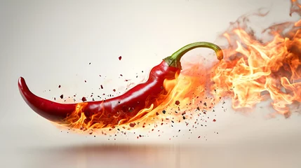 Keuken spatwand met foto a red hot chili pepper on fire © ion