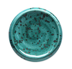 Turquoise ceramic plate isolated on white, top view