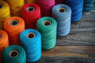Colorful sewing threads on wooden background