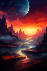 Post-apocalyptic landscape. Dawn. Starry sky. Generative AI