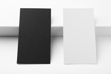 Business cards on white background, closeup. Mockup for design