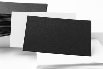 Business cards on white background, closeup. Mockup for design