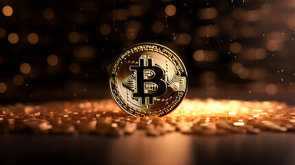A Bitcoin coin stands resolute in a rain of digital gold, a beacon in the volatile landscape of cryptocurrency trading. - obrazy, fototapety, plakaty