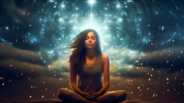 A Spanish woman meditates in the lotus position against a backdrop of starry space, perfect for themes of spirituality, meditation and cosmic unity.