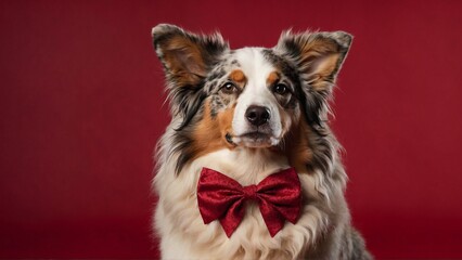 australian shepherd dog with a bow isolated on red background