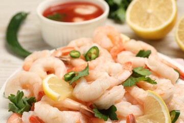 Tasty boiled shrimps with cocktail sauce, chili and parsley on table, closeup