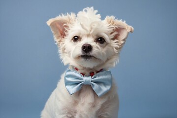 white terrier puppy with a bow isolated on pastel blue background