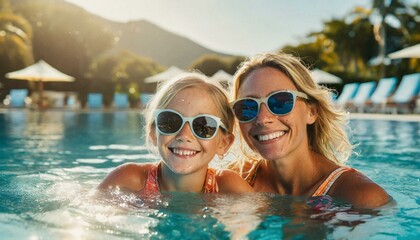  Mother and daughter enjoy a summer afternoon in a swimming pool, both wearing sunglasses and smiling - obrazy, fototapety, plakaty