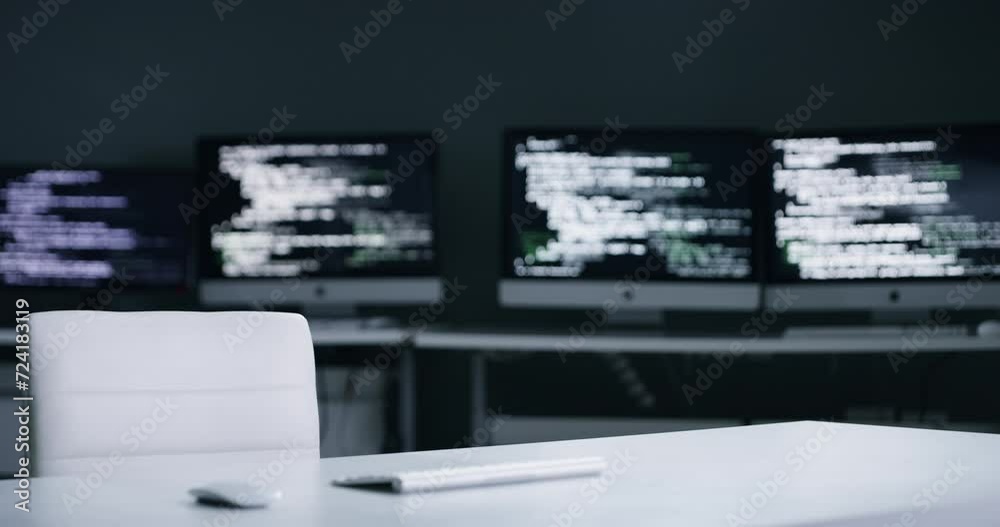 Poster desk, programming and empty cyber security office for software engineering, information technology o