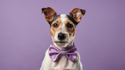 Fox Terrier dog with a bow isolated on purple background - obrazy, fototapety, plakaty