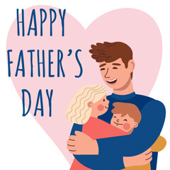 Greeting card design for Father's Day. Father with Daughter and son. Vector flat illustration 1