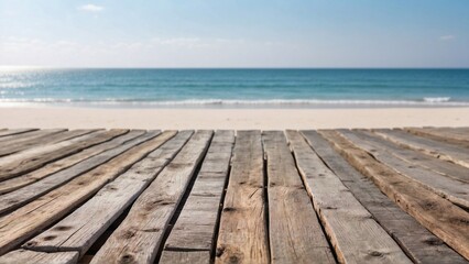 empty wooden lanks with blur beach and blue sea on background