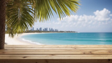 wooden table on beach with palm leaves background
