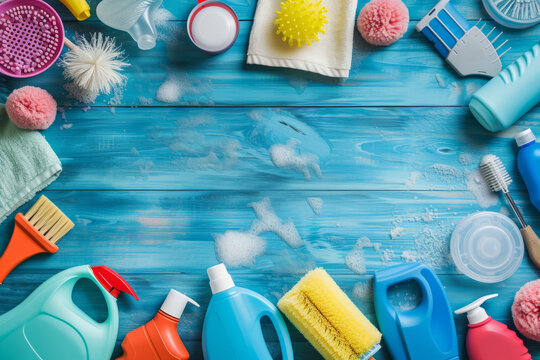 Cleaning tools background with copy space