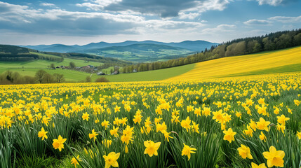Countryside landscape with vast daffodil fields, Panoramic view of yellow blooms extending to the horizon