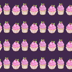 Seamless pattern cupcake pink sweet cream. Muffin, raspberry, mint. Food clipart. Valentine's Day. Hand drawn watercolor illustration on purple background. Backdrop wallpaper for textiles, packaging