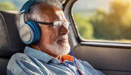  Elderly Man Sleeping in Vehicle with Headphone
