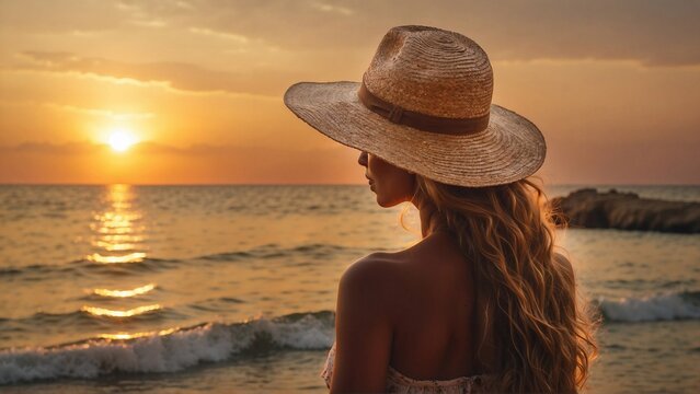 woman in straw hat looking over sea at sunset, vacation banner
