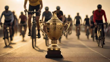 Foto op Canvas gold trophy cup on bicycle racing road, people on the bikes © Денис Богдан