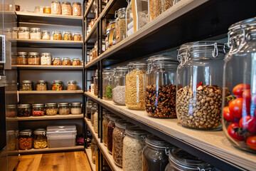 Assorted dry goods in transparent jars are methodically arranged on dark shelves, emanates a sense of household management and could complement articles on kitchen organization.