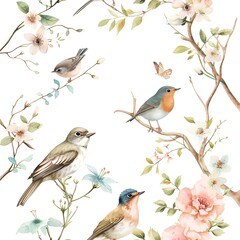bird on a branch of tree, bird on a branch, delicate watercolor illustration of birds and flowers on a clean white backdrop.