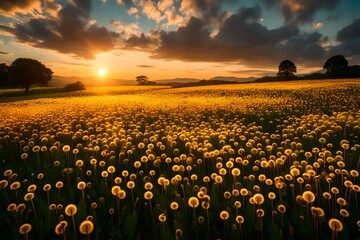A serene view of a dandelion field in a rural setting at dawn, the morning light casting a warm glow over the flowers, clouds hovering over distant mountains.