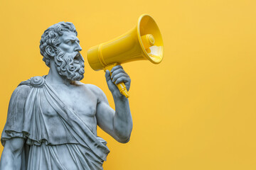 Greek statue holding loudspeaker screaming. Sculpture speaking loud in megaphone. Announcement, advertising, communication concept. Warning, announcement, notifying, free space for text