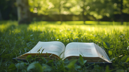 Sunlit Open Book Lying in the Grass with a Dreamy Background