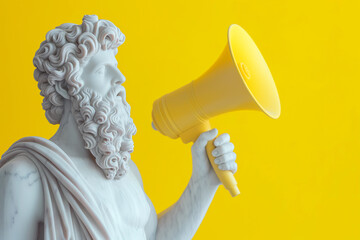 Greek statue holding loudspeaker screaming. Sculpture speaking loud in megaphone. Announcement, advertising, communication concept. Warning, announcement, notifying, free space for text